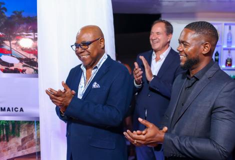 Minister of Tourism, Hon. Edmund Bartlett (left); owner of S Hotel, Chris Issa (centre) and Mayor of Montego Bay, Richard Vernon, join in applauding the all-Jamaican management and staff for their dedication and passion, resulting in the hotel being named the second-best all-inclusive resort in the Caribbean for 2025 by USA Today.  The occasion was a cocktail reception to mark the occasion on Wednesday, January 8, 2025, at the hotel.