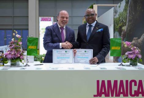 Minister of Tourism, Hon Edmund Bartlett (R) shakes hands with Ibrahim Osta, Senior Economic Growth Advisor and Global Tourism Lead at Chemonics International following the signing of a Memorandum of Understanding (MOU) between the Global Tourism Resilience and Crisis Management Centre and Chemonics International. The MOU, signed during Arabian Travel Market in Dubai earlier this month seeks to strengthen global tourism resilience.