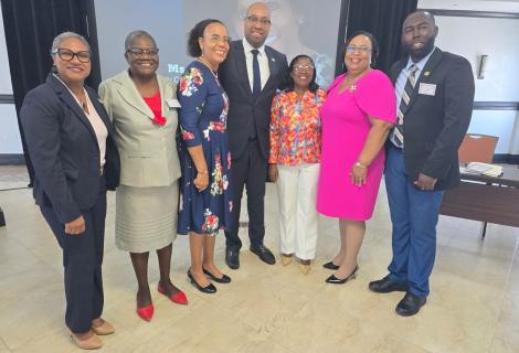 Senator the Hon. Delano Seiveright, Minister of State in the Ministry of Tourism (centre), is pictured with (from left) Ms. Shernette Crichton, General Manager of Half Moon Resort; Ms. Paulette Foster-Christie, Acting Head of the School of Hospitality, Tourism & Creative Studies at Montego Bay Community College (MBCC); Dr. Angela Samuels-Harris, Former Principal of MBCC; Ms. Ann-Marie Burgess, Lecturer; Carol Walters, Former Vice President of Academics, MBCC; and Charles Ramsay, Lecturer.