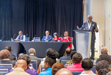 Minister of Tourism, Hon. Edmund Bartlett (at podium), addresses a captive audience of executive members, hoteliers and allied members of the Jamaica Hotel and Tourist Association (JHTA), at the organization’s 64th annual general meeting, at Dreams Rose Hall Resort in Montego Bay on Saturday, June 28, 2025. Minister Bartlett was the guest speaker at the opening ceremony.