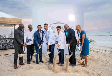 Prime Minister Dr. the Most Hon. Andrew Holness (centre) leads in the groundbreaking ceremony on Monday, August 11, 2025. He is joined by (from left), Custos of St. James, Bishop Conrad Pitkin; Vice President, Moon Palace Resorts, Jamaica and Turks and Caicos Islands, Clifton Reader; Mayor of Montego Bay, Councillor Richard Vernon; Chief Executive Officer (CEO) of Palace Resorts, Gibran Chapur; Minister of Tourism, Hon. Edmund Bartlett and Minister of Finance and the Public Service, Hon. Fayval Williams.