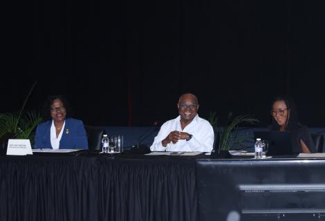 Minister Bartlett (centre), Permanent Secretary Jennifer Griffith (left) and Minister State, Tova Hamilton (right), at a special pre-retreat meeting with senior executives from the Ministry and its public bodies at the Montego Bay Convention Centre (MBCC) on Thursday, September 25, 2025.