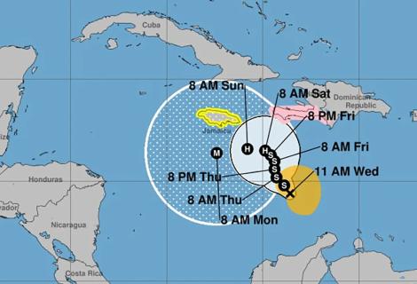 A meteorological map of Hurricane Melissa's path while it was still a tropical storm. 