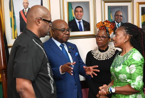 Minister of Tourism, Hon. Edmund Bartlett (2nd left) engages in a discussion on resilience with Sierra Leone’s Minister of Tourism and Cultural Affairs, Hon. Nabeela Tunis (right), Honorary Consul for the Republic Sierra Leone in Jamaica, Prof. Rosalea Hamilton (2nd right) and Executive Director of GTRCMC, Prof. Lloyd Waller, following an announcement surrounding the 2026 observation of Global Tourism Resilience Day on February 3. 