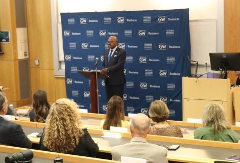Minister of Tourism, Hon. Edmund Bartlett (standing) addresses students and faculty members as he delivers the inaugural Don Hawkins Distinguished Lecture at the George Washington University School of Business in Washington D.C. recently. During the session Mr. Bartlett honoured late tourism scholar Professor Donald E. Hawkins, describing him as a “national hero of tourism” for his contribution to Jamaica’s tourism development.