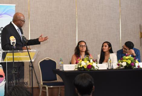 Minister of Tourism, Hon. Edmund Bartlett (left) throws out a challenge to the Jamaica Dental Association (JDA) to partner in Jamaica’s drive to secure a share of the lucrative dental health tourism market. He delivered the keynote address at the 62nd convention of the JDA at the Princess Grand Jamaica in Green Island, Hanover, on Thursday, May 21, 2026, directing his remarks to (seated from left) JDA President, Dr. Wendy Chuck-Francis; Convention Chair, Dr. Chinel  Lee and co-chair, Dr. Jordan McNeil.