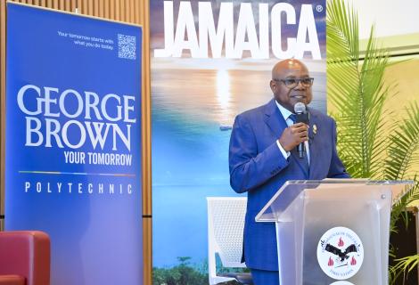 Minister of Tourism, Founder and Co-Chair of the Global Tourism Resilience and Crisis Management Centre, Hon Edmund Bartlett, makes his keynote presentation during the Canadian-Caribbean Tourism Resilience Symposium at George Brown University on Wednesday July 29, 2026.