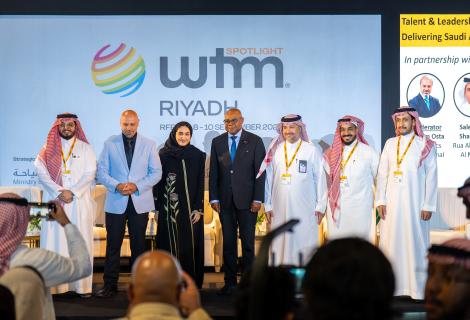  Minister of Tourism, Hon Edmund Bartlett, (C) shares a moment with (L-R) Salem Al Shahrani, Rua Al Haram Al Malaki, Ibrahim Osta, Moderator, Chemonics International, Anoud, hospitality worker, Salem Al Shahrani, Rua Al Haram Al Malaki, Raed Alghamdi, Red Sea Global and Fahad Mohammed Alhagbani, King Saud University following the panel discussion at WTM Riyadh on Thursday September 10, 2026.