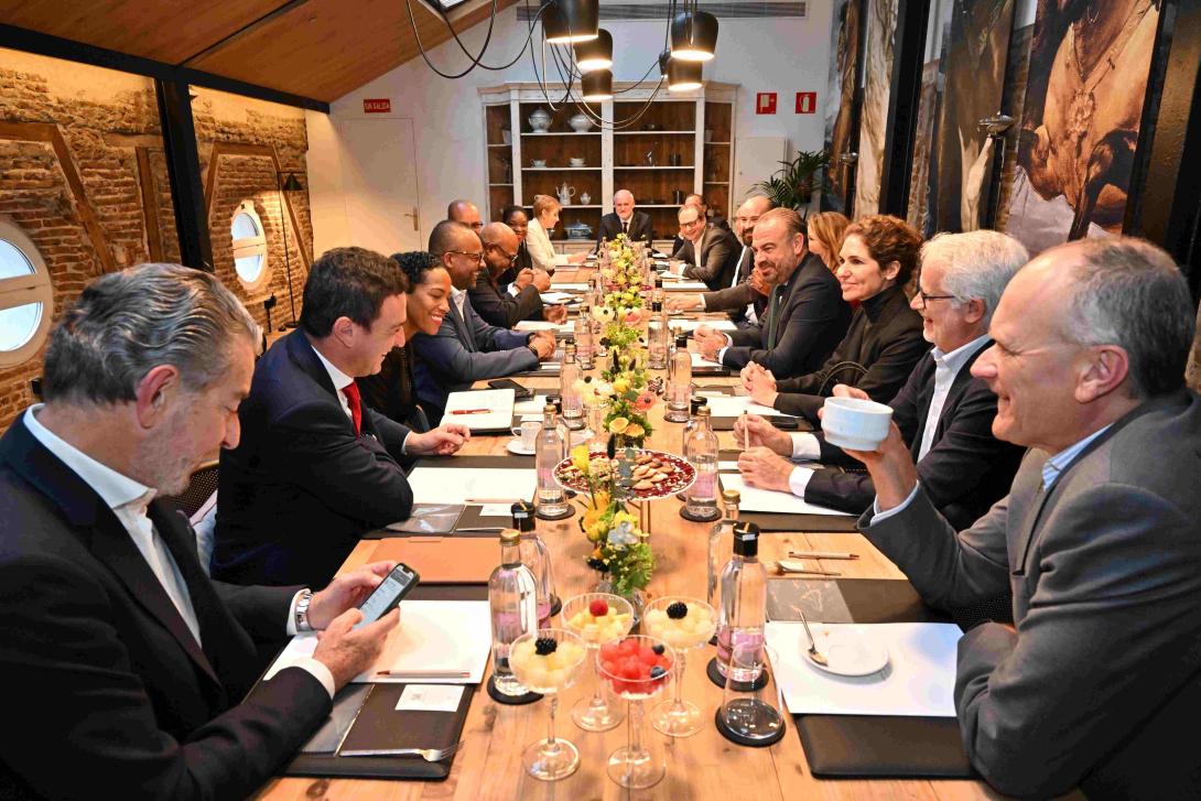 Minister of Tourism, Hon Edmund Bartlett and members of his senior tourism team in discussion on labour market arrangements with key representatives of the Inverotel Group in the margins of FITUR in Madrid Spain yesterday (January 22).