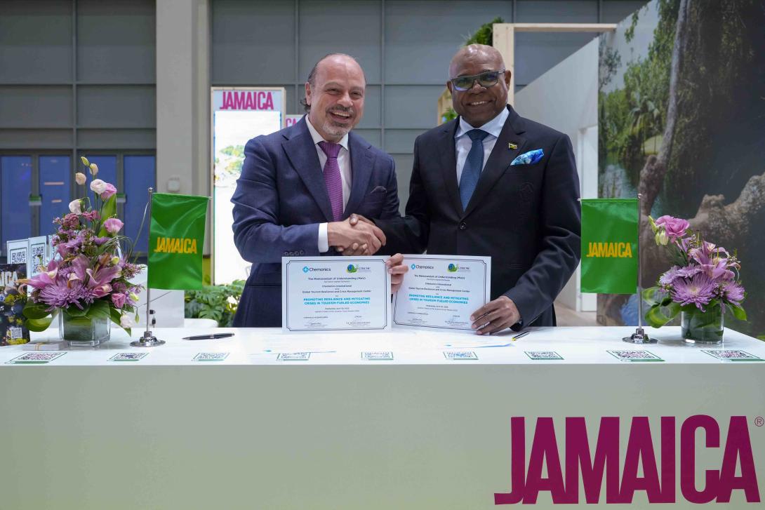 Minister of Tourism, Hon Edmund Bartlett (R) shakes hands with Ibrahim Osta, Senior Economic Growth Advisor and Global Tourism Lead at Chemonics International following the signing of a Memorandum of Understanding (MOU) between the Global Tourism Resilience and Crisis Management Centre and Chemonics International. The MOU, signed during Arabian Travel Market in Dubai earlier this month seeks to strengthen global tourism resilience.
