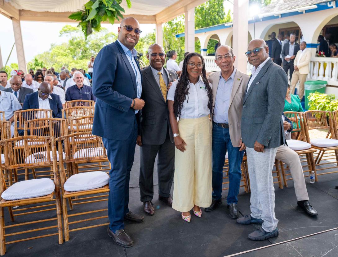 Minister of Tourism, Hon. Edmund Bartlett (right) participates in the ribbon-cutting ceremony for the long-awaited US$1-billion Harmony Cove Development in Trelawny. Minister Bartlett shares a light moment with (from left) Minister of State, Ministry of Tourism, Senator the Hon. Delano Seiveright; Minister of Industry, Investment and Commerce, Senator the Hon. Aubyn Hill; Trelawny Northern MP, Tova Hamilton and Deputy Prime Minister & Minister of National Security, Hon. Dr. Horace Chang. 