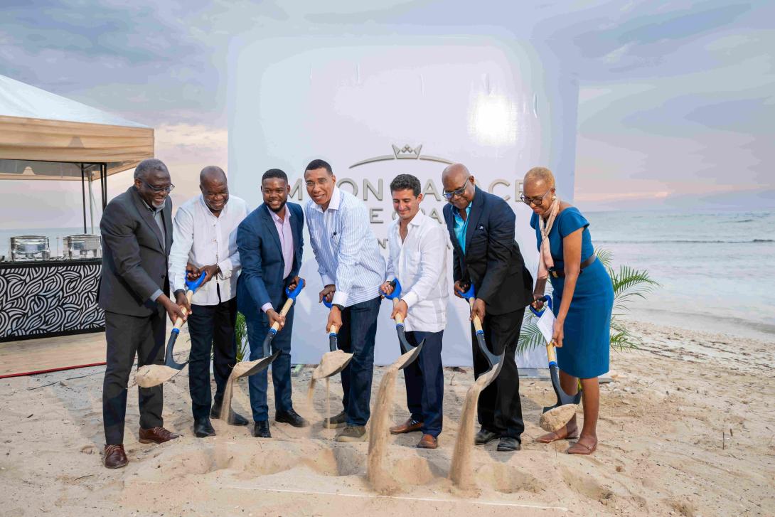 Prime Minister Dr. the Most Hon. Andrew Holness (centre) leads in the groundbreaking ceremony on Monday, August 11, 2025. He is joined by (from left), Custos of St. James, Bishop Conrad Pitkin; Vice President, Moon Palace Resorts, Jamaica and Turks and Caicos Islands, Clifton Reader; Mayor of Montego Bay, Councillor Richard Vernon; Chief Executive Officer (CEO) of Palace Resorts, Gibran Chapur; Minister of Tourism, Hon. Edmund Bartlett and Minister of Finance and the Public Service, Hon. Fayval Williams.