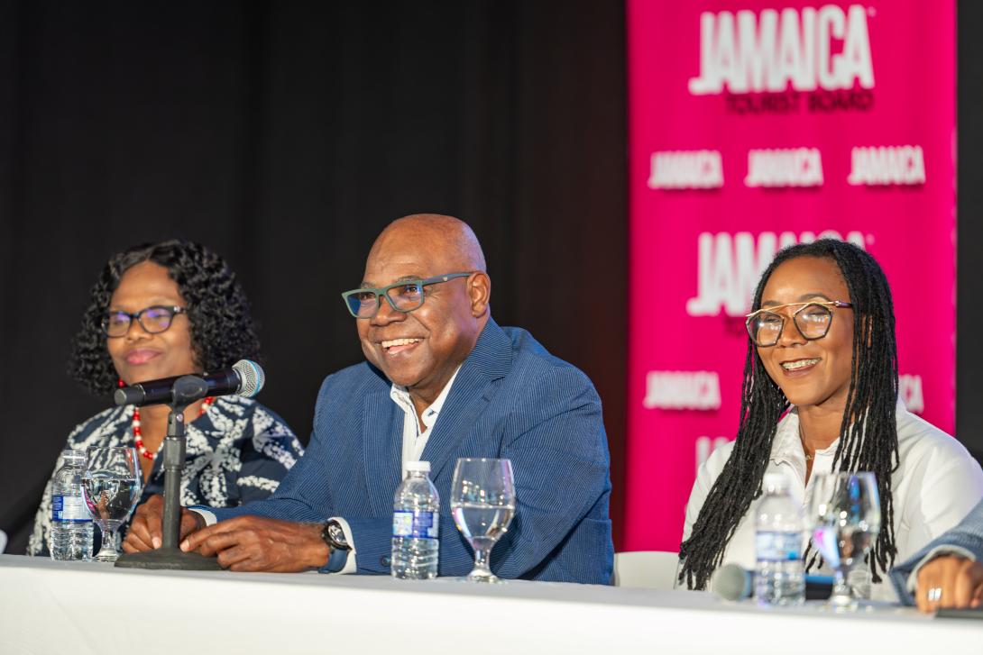 Hon. Edmund Bartlett (centre) fields questions on Jamaica’s tourism industry from local and international journalists at a special Jamaica Product Exchange (JAPEX) 2025 media breakfast, at Jewel Grande Montego Bay Resort & Spa on Tuesday, September 23. He is flanked by (from left) Permanent Secretary in the Ministry of Tourism, Mrs. Jennifer Griffith (left) and newly minted Minister of State for Tourism, Hon. Tova Hamilton. 