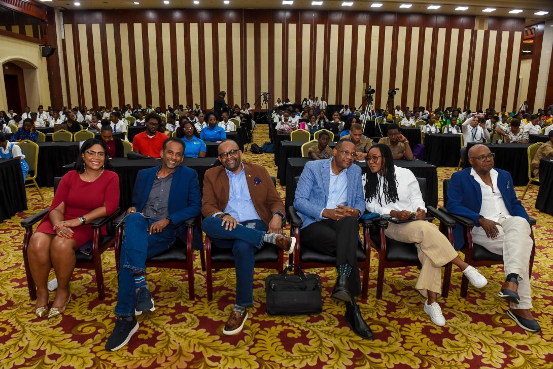 A team of tourism officials were on hand to show their support for the World Tourism Day 2025 Youth Forum, held at the Montego Bay Convention Centre on Friday, September 26, 2025. From left are: ED of the Montego Bay Convention Centre, Mureen James; ED, Tourism Enhancement Fund, Dr. Carey Wallace; Director of Tourism, Donovan White; CTD in the Ministry of Tourism, David Dobson; Minister of State, Ministry of Tourism, Tova Hamilton and Minister of Tourism, Hon. Edmund Bartlett.  