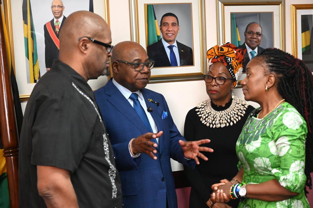 Minister of Tourism, Hon. Edmund Bartlett (2nd left) engages in a discussion on resilience with Sierra Leone’s Minister of Tourism and Cultural Affairs, Hon. Nabeela Tunis (right), Honorary Consul for the Republic Sierra Leone in Jamaica, Prof. Rosalea Hamilton (2nd right) and Executive Director of GTRCMC, Prof. Lloyd Waller, following an announcement surrounding the 2026 observation of Global Tourism Resilience Day on February 3. 