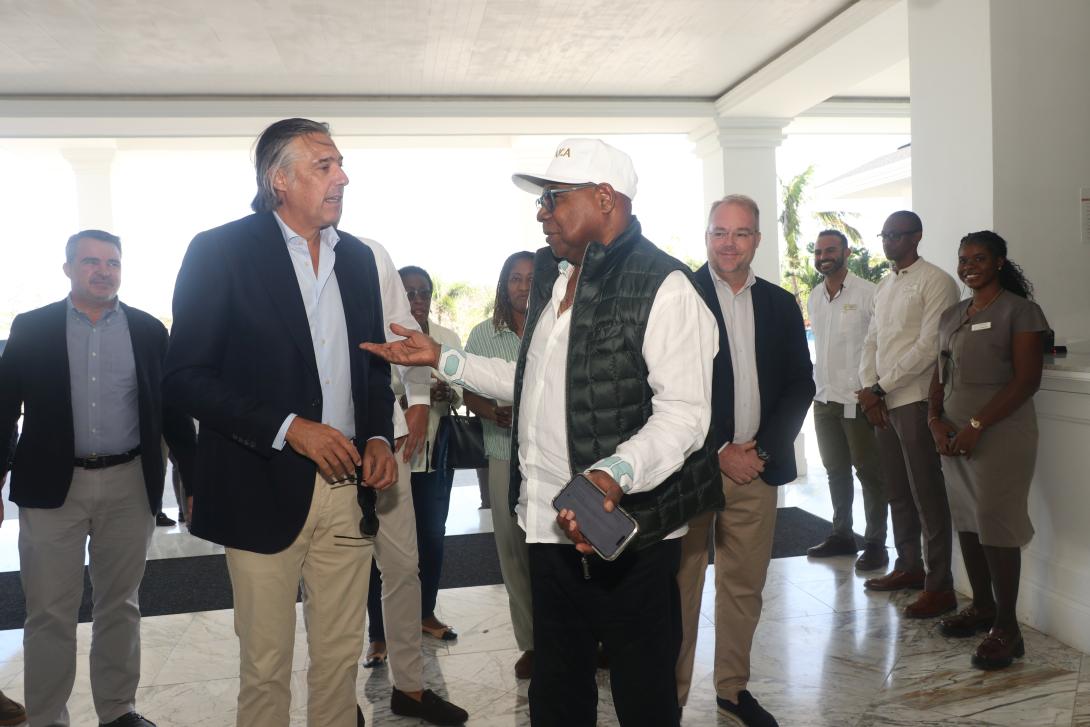 Minister of Tourism, Hon. Edmund Bartlett (right, foreground) exchanges pleasantries with Chief Executive Officer (CEO) of Excellence, Antonio de Montaner, on his arrival at Excellence Oyster Bay on Sunday, February 8, 2026, for a tour and high-level discussions surrounding additional investment in the development of the resort and expansion of the staff complement. 