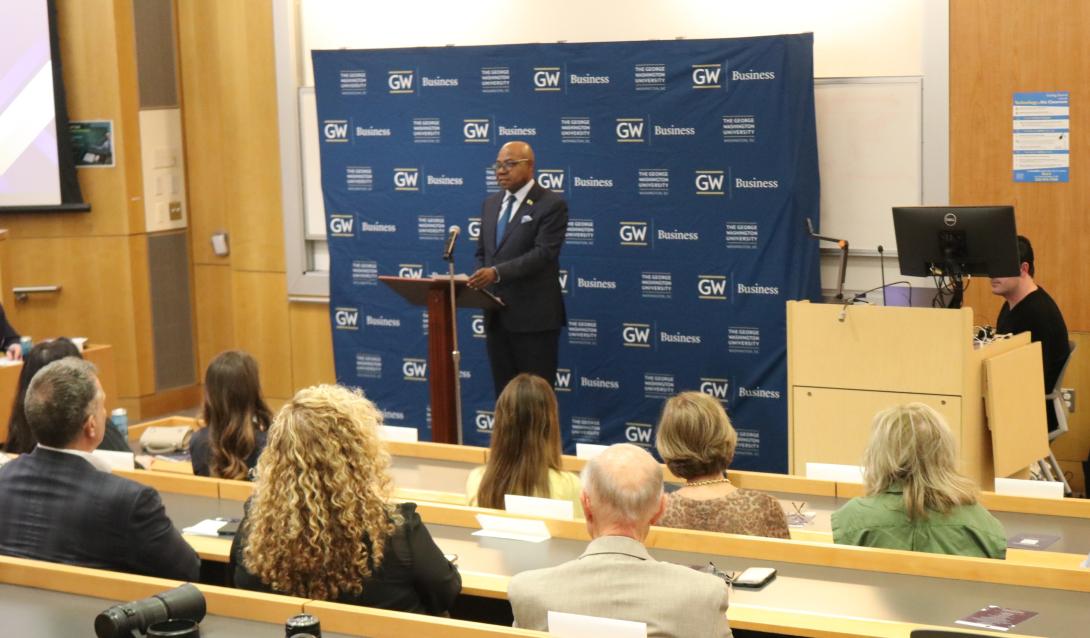 Minister of Tourism, Hon. Edmund Bartlett (standing) addresses students and faculty members as he delivers the inaugural Don Hawkins Distinguished Lecture at the George Washington University School of Business in Washington D.C. recently. During the session Mr. Bartlett honoured late tourism scholar Professor Donald E. Hawkins, describing him as a “national hero of tourism” for his contribution to Jamaica’s tourism development.