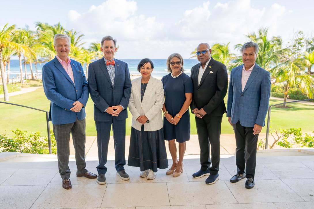 Capturing the moment at the reopening of Eclipse at the Half Moon resort are: (from left) Senior Vice President of Operations, Salamander Collection, George Terpilowski; Chairman of Half Moon, Guy Steuart III; Founder and Chief Executive Officer, Salamander Collection, Sheila Johnson; newly-promoted Managing Director of Half Moon, Shernette Crichton; Minister of Tourism, Hon. Edmund Bartlett, and President of Salamander Collection, Prem Devadas. 