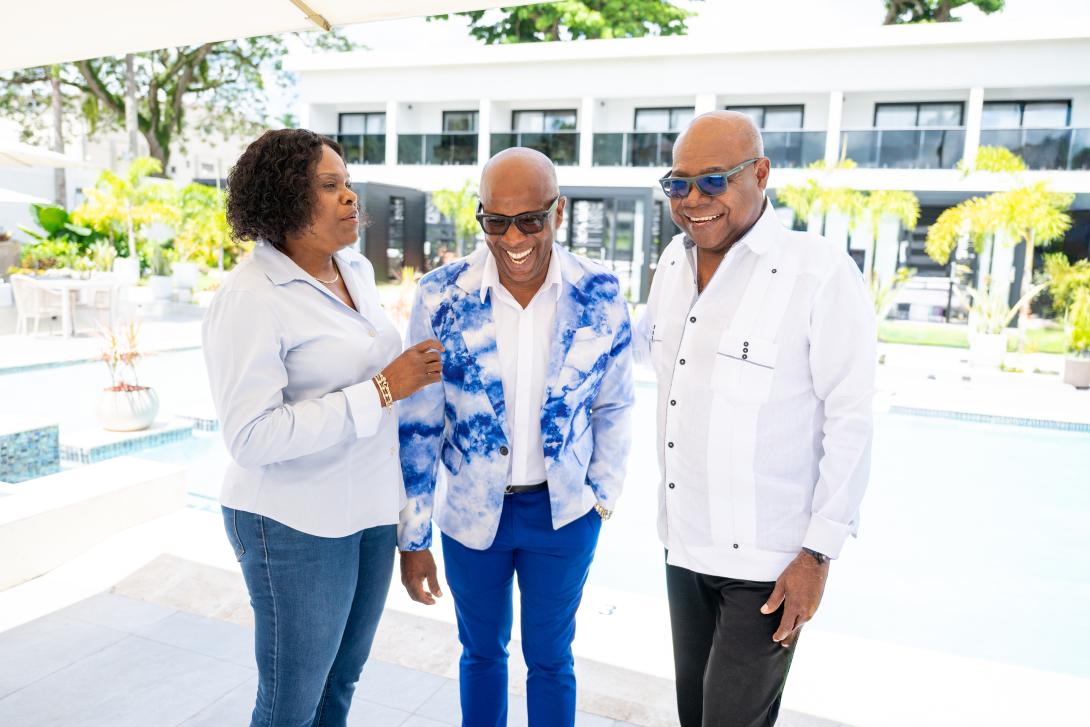 . Minister of Tourism, Hon. Edmund Bartlett (right) shares a light moment with The Garden Hotel’s Chief Executive Officer, Garfield Virgin (centre) and Permanent Secretary in the Ministry of Tourism, Jeniffer Griffith, as they discuss the great potential of the property at the start of the Ministry’s two-day South Coast Confidence Tour on Thursday, April 23, 2026. 