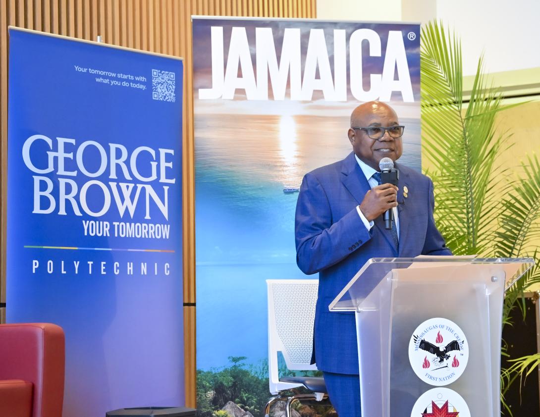 Minister of Tourism, Founder and Co-Chair of the Global Tourism Resilience and Crisis Management Centre, Hon Edmund Bartlett, makes his keynote presentation during the Canadian-Caribbean Tourism Resilience Symposium at George Brown University on Wednesday July 29, 2026.