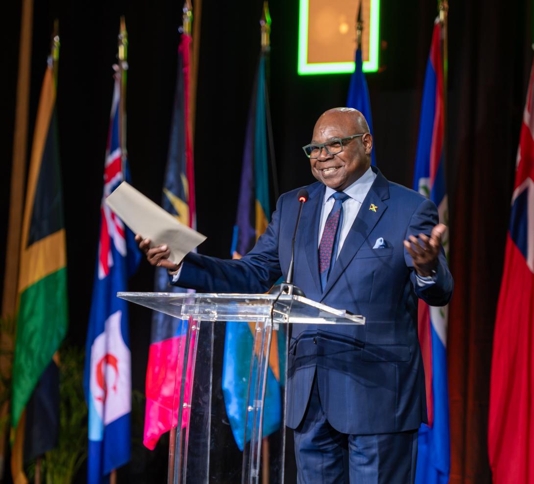 Minister of Tourism, Hon. Edmund Bartlett gesticulates as he addresses the 48th Regional Conference of the Commonwealth Parliamentary Association (CPA) Caribbean, Americas and Atlantic (CAA) Region at the Moon Palace Jamaica Hotel, St. Ann on Monday, August 31, 2026.