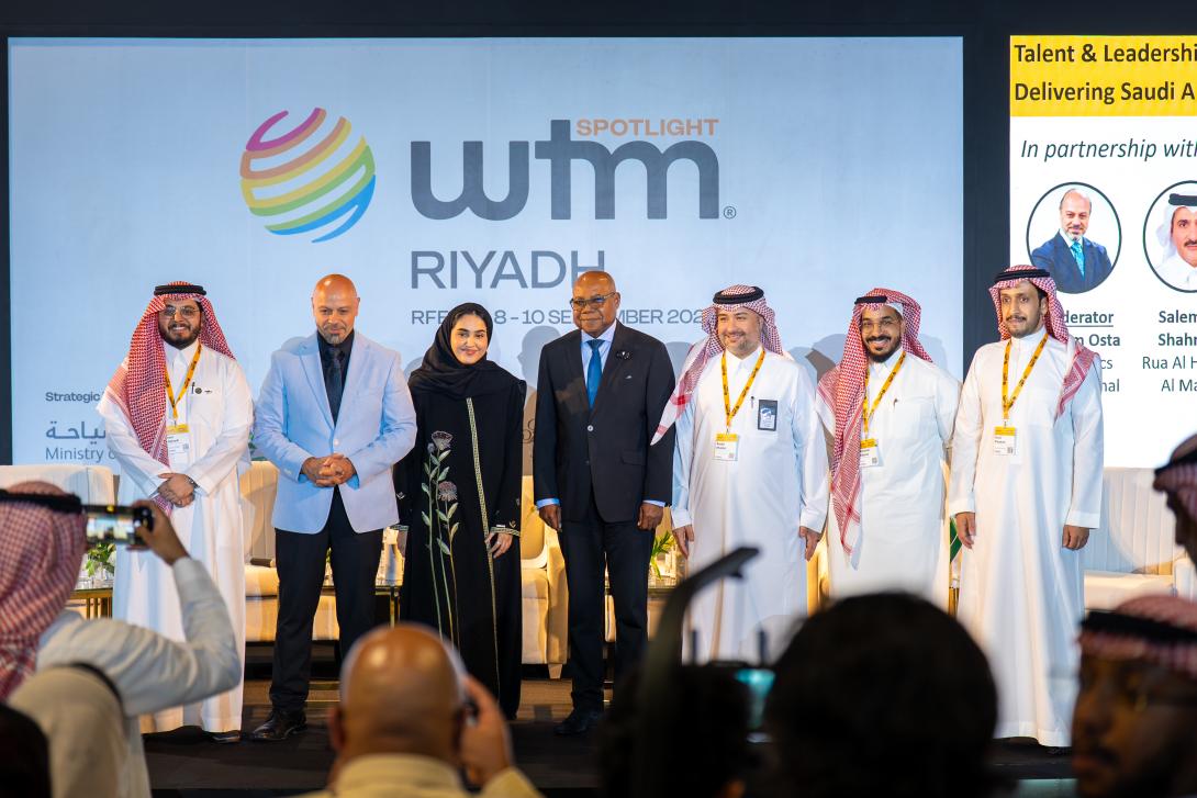  Minister of Tourism, Hon Edmund Bartlett, (C) shares a moment with (L-R) Salem Al Shahrani, Rua Al Haram Al Malaki, Ibrahim Osta, Moderator, Chemonics International, Anoud, hospitality worker, Salem Al Shahrani, Rua Al Haram Al Malaki, Raed Alghamdi, Red Sea Global and Fahad Mohammed Alhagbani, King Saud University following the panel discussion at WTM Riyadh on Thursday September 10, 2026.
