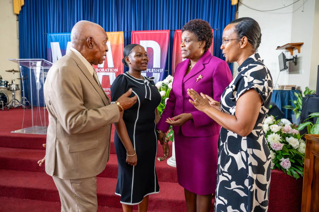 PS in the Ministry of Tourism, Jennifer Griffith (2nd right) engages in a lively discussion with Bishop Everton Lawrence of Faith Temple Assemblies of God (left), Junior Minister of Tourism and Montego Bay High School student, ThaeJadore Kerr (2nd left) and member of the Board of Directors for Jamaica Vacations (JAMVAC), Tricia-Ann Bicarie, following yesterday’s (September 27) Thanksgiving Church Service to mark World Tourism Day and kickstart Tourism Awareness Week 2026, which runs from Sept 27 – Oct 3. 